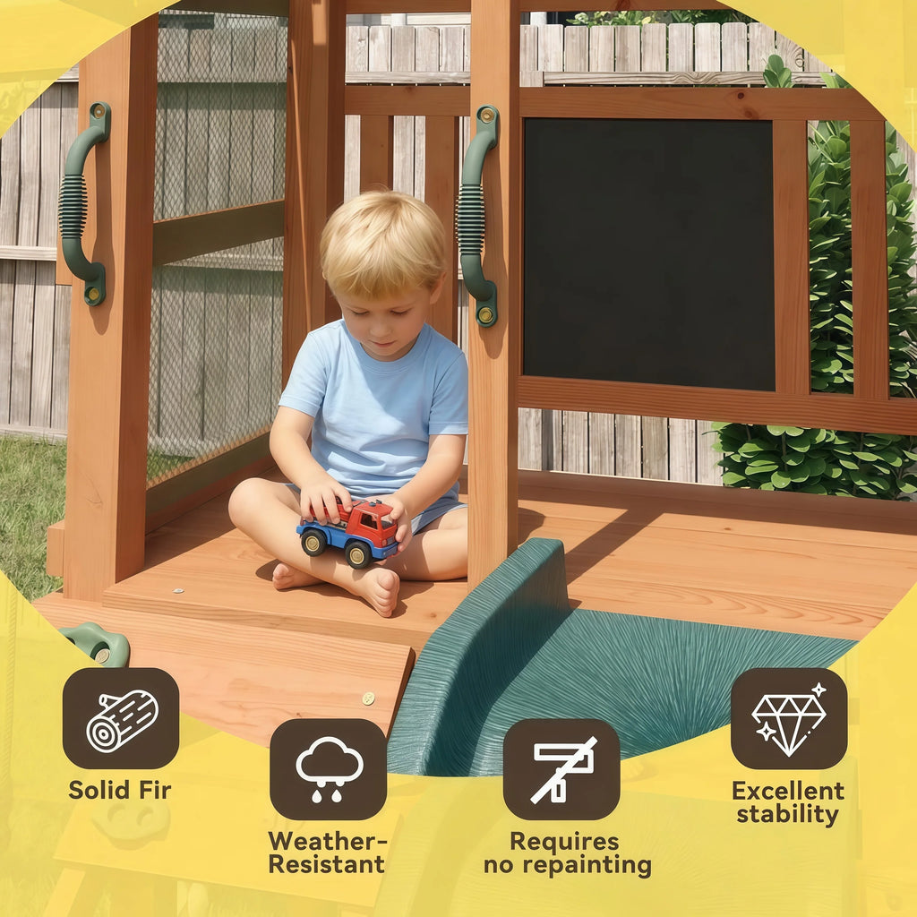 Nordivale Wood Swing Set for Backyard Outdoor Playset with Wave Slide Rock Wall Ladder Belt Swings Chalkboard Canopy Roof Play Deck