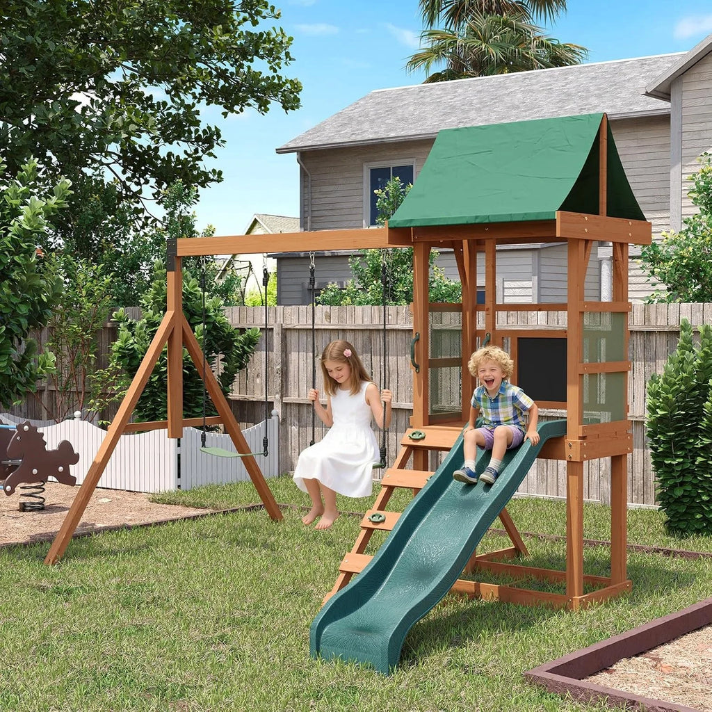 Nordivale Wood Swing Set for Backyard Outdoor Playset with Wave Slide Rock Wall Ladder Belt Swings Chalkboard Canopy Roof Play Deck