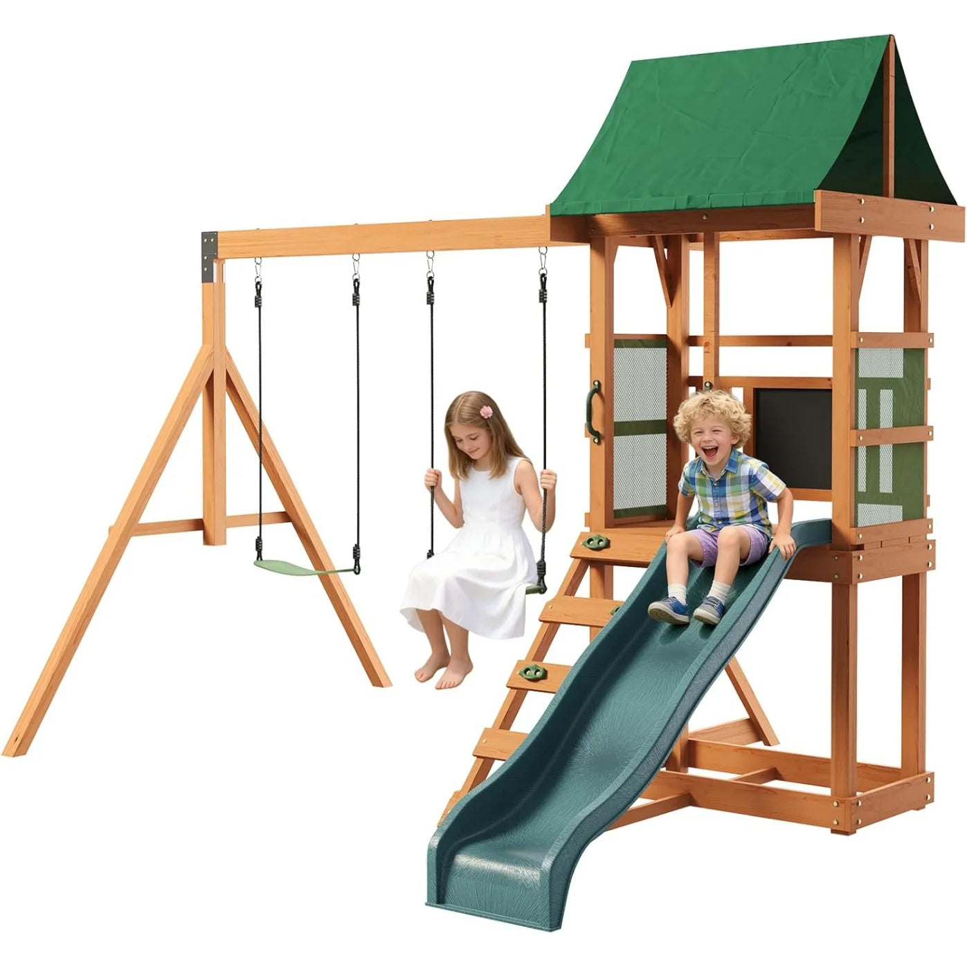 Nordivale Wood Swing Set for Backyard Outdoor Playset with Wave Slide Rock Wall Ladder Belt Swings Chalkboard Canopy Roof Play Deck