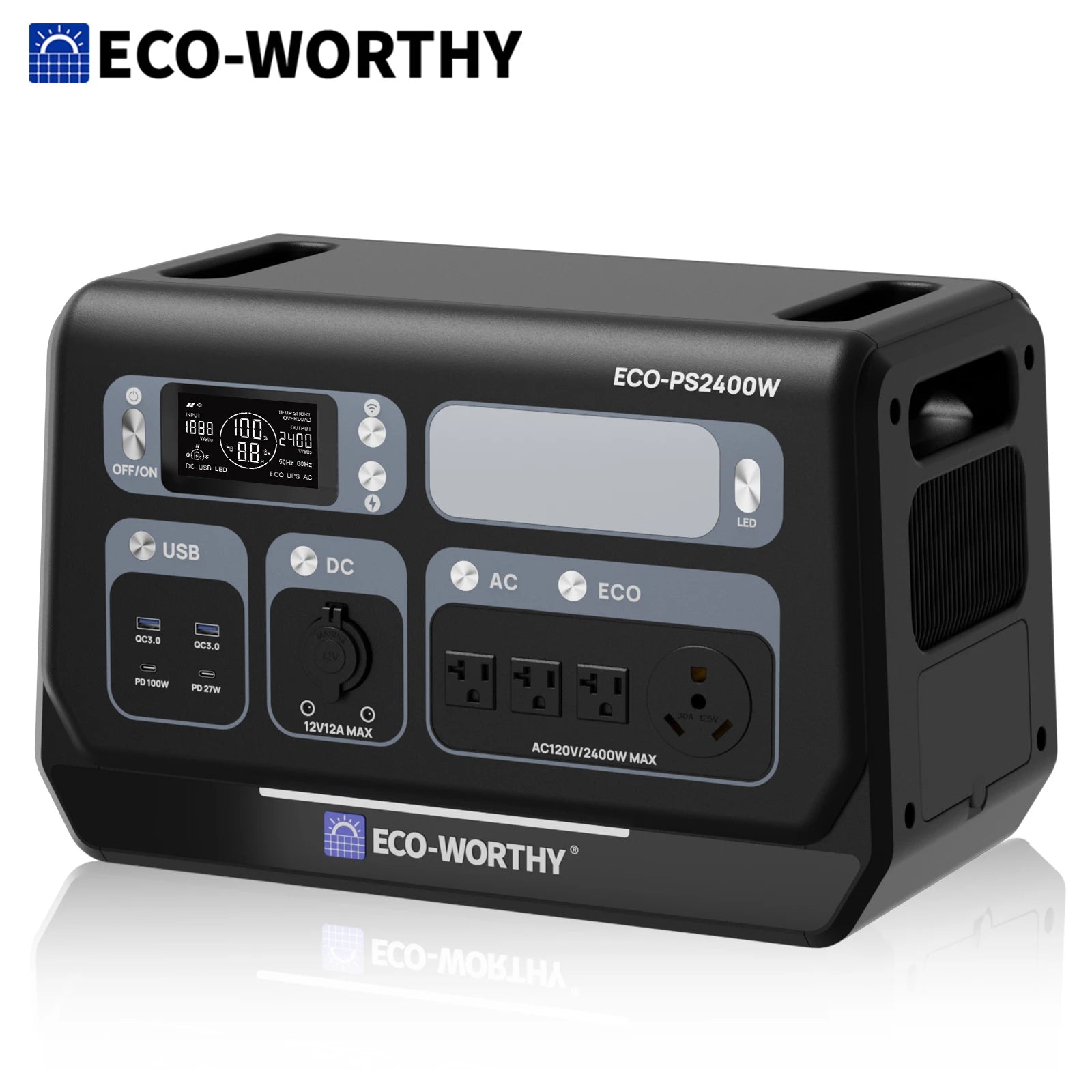 ECO-WORTHY PS 2400W Power Station 2048Wh LiFePO4 Battery, Solar Generator with 10 Outlets (4800W Peak) Wi-Fi and Bluetooth