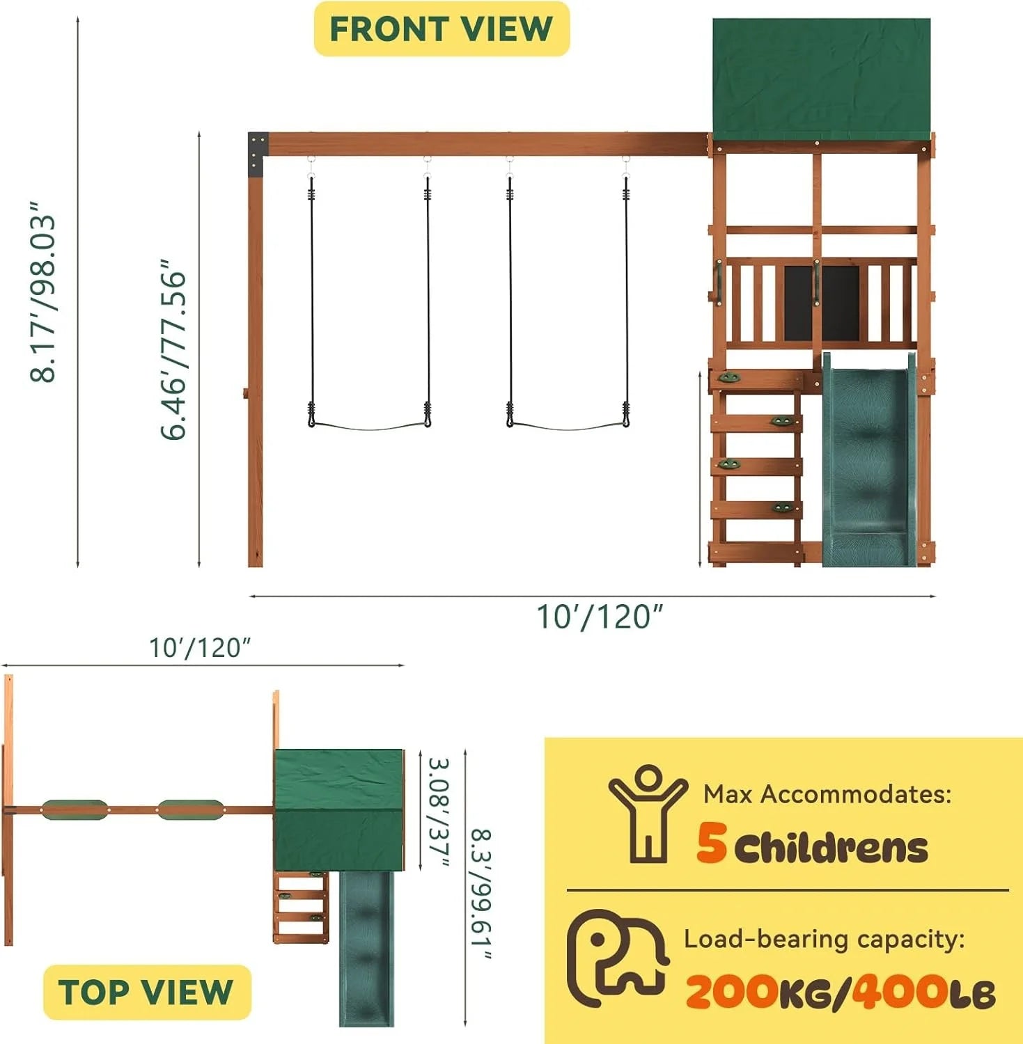 Nordivale Wood Swing Set for Backyard Outdoor Playset with Wave Slide Rock Wall Ladder Belt Swings Chalkboard Canopy Roof Play Deck