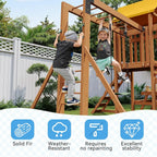 Wooden Backyard Swing Set with 6FT Wave Slide & Canopy Roof, Outdoor Playset with Rock Climbing Wall, 2 Belt Swings & Chalkboard
