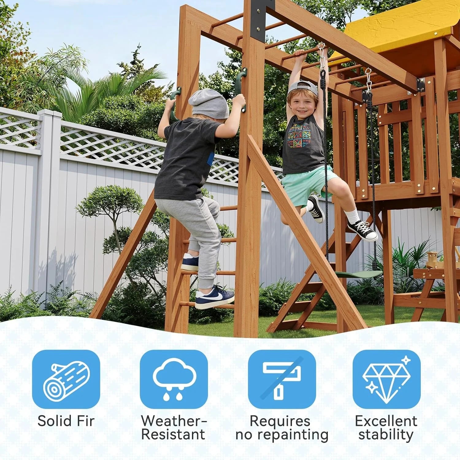 Wooden Backyard Swing Set with 6FT Wave Slide & Canopy Roof, Outdoor Playset with Rock Climbing Wall, 2 Belt Swings & Chalkboard