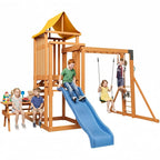 Wooden Backyard Swing Set with 6FT Wave Slide & Canopy Roof, Outdoor Playset with Rock Climbing Wall, 2 Belt Swings & Chalkboard