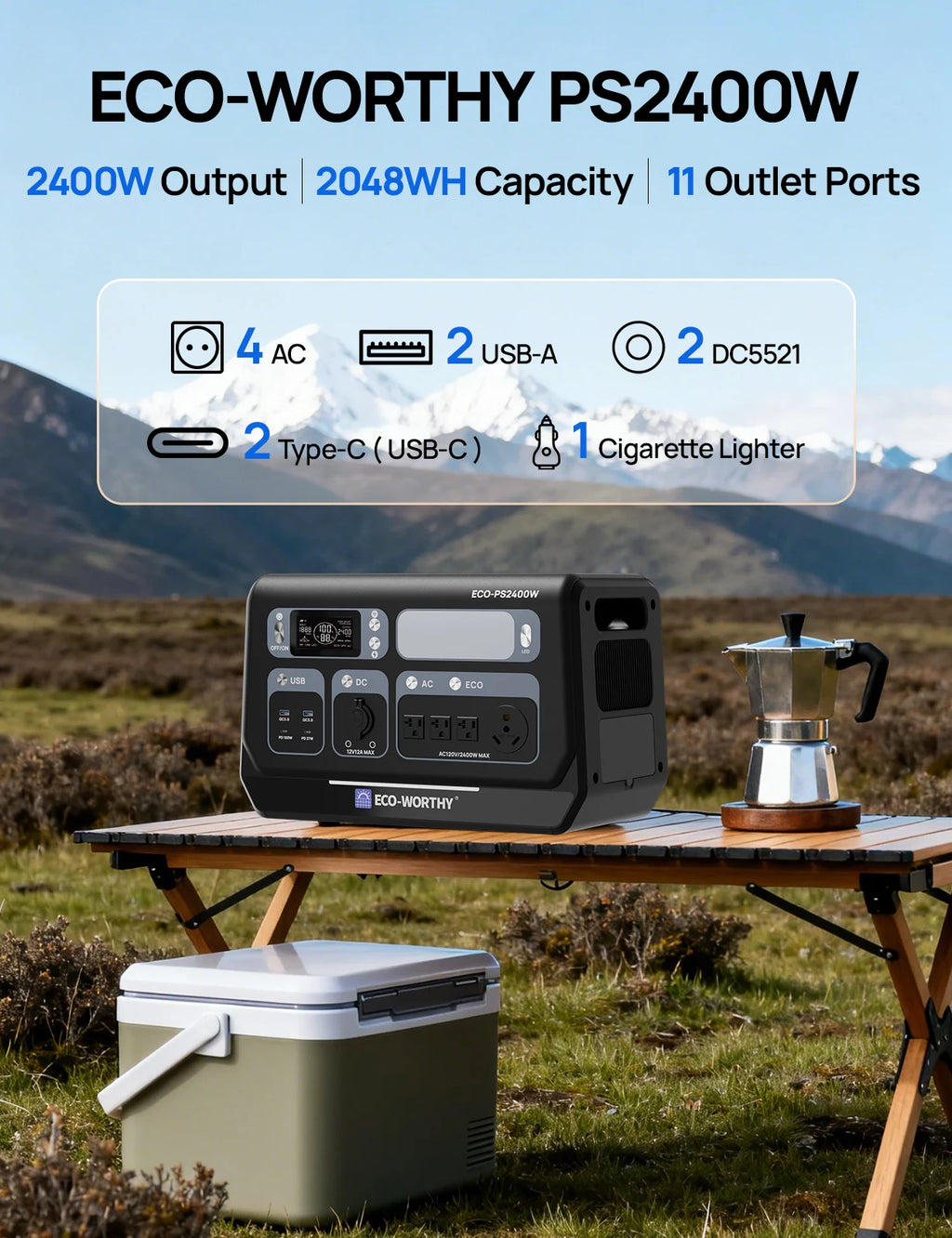 ECO-WORTHY PS 2400W Power Station 2048Wh LiFePO4 Battery, Solar Generator with 10 Outlets (4800W Peak) Wi-Fi and Bluetooth