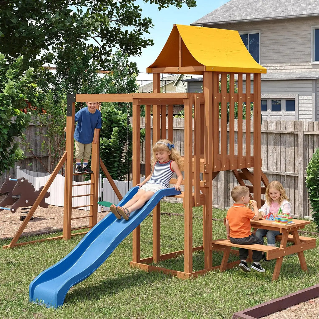 Wooden Backyard Swing Set with 6FT Wave Slide & Canopy Roof, Outdoor Playset with Rock Climbing Wall, 2 Belt Swings & Chalkboard