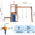 Wooden Backyard Swing Set with 6FT Wave Slide & Canopy Roof, Outdoor Playset with Rock Climbing Wall, 2 Belt Swings & Chalkboard