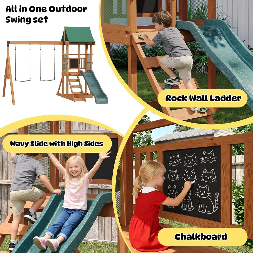 Nordivale Wood Swing Set for Backyard Outdoor Playset with Wave Slide Rock Wall Ladder Belt Swings Chalkboard Canopy Roof Play Deck