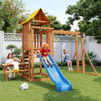 Wooden Backyard Swing Set with 6FT Wave Slide & Canopy Roof, Outdoor Playset with Rock Climbing Wall, 2 Belt Swings & Chalkboard