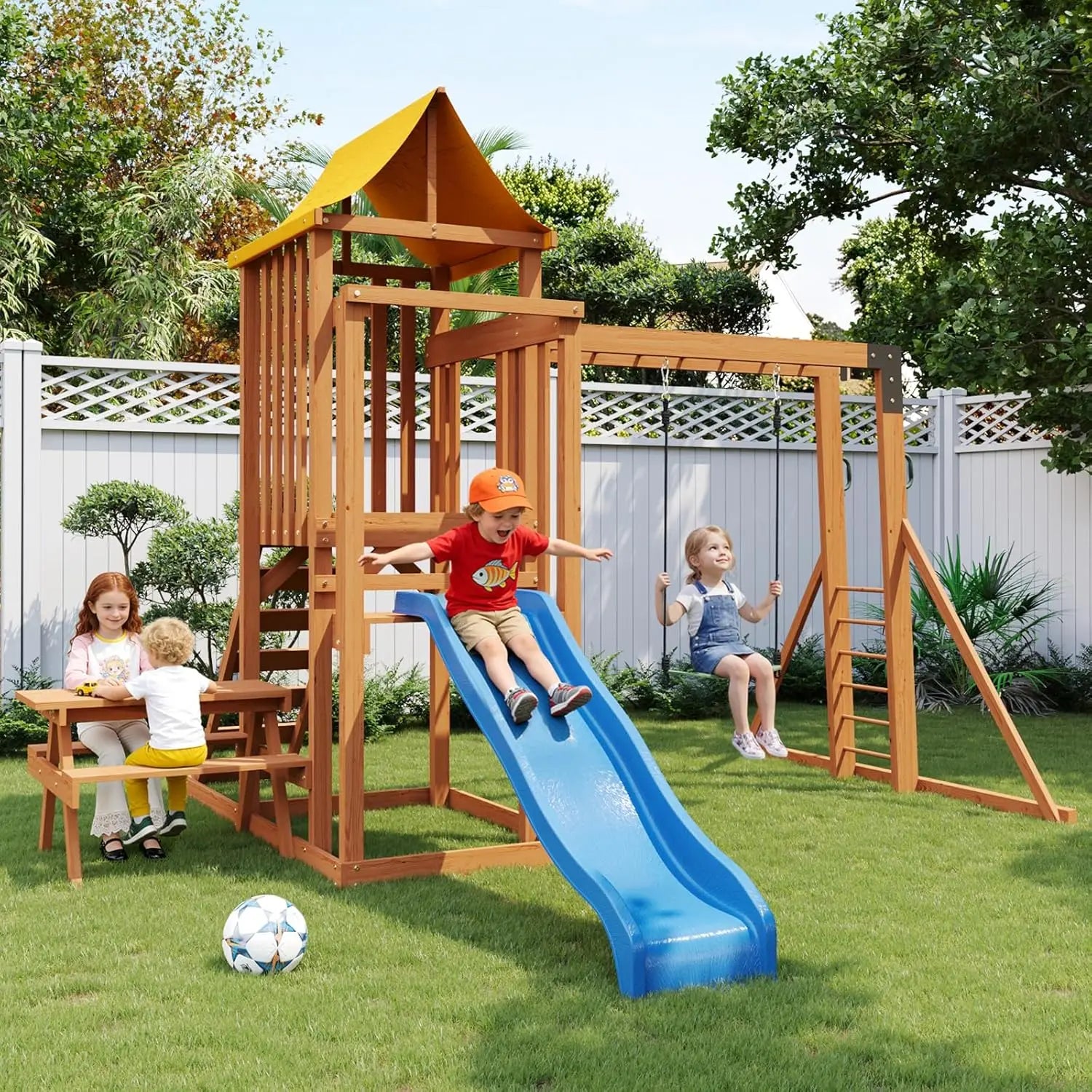 Wooden Backyard Swing Set with 6FT Wave Slide & Canopy Roof, Outdoor Playset with Rock Climbing Wall, 2 Belt Swings & Chalkboard