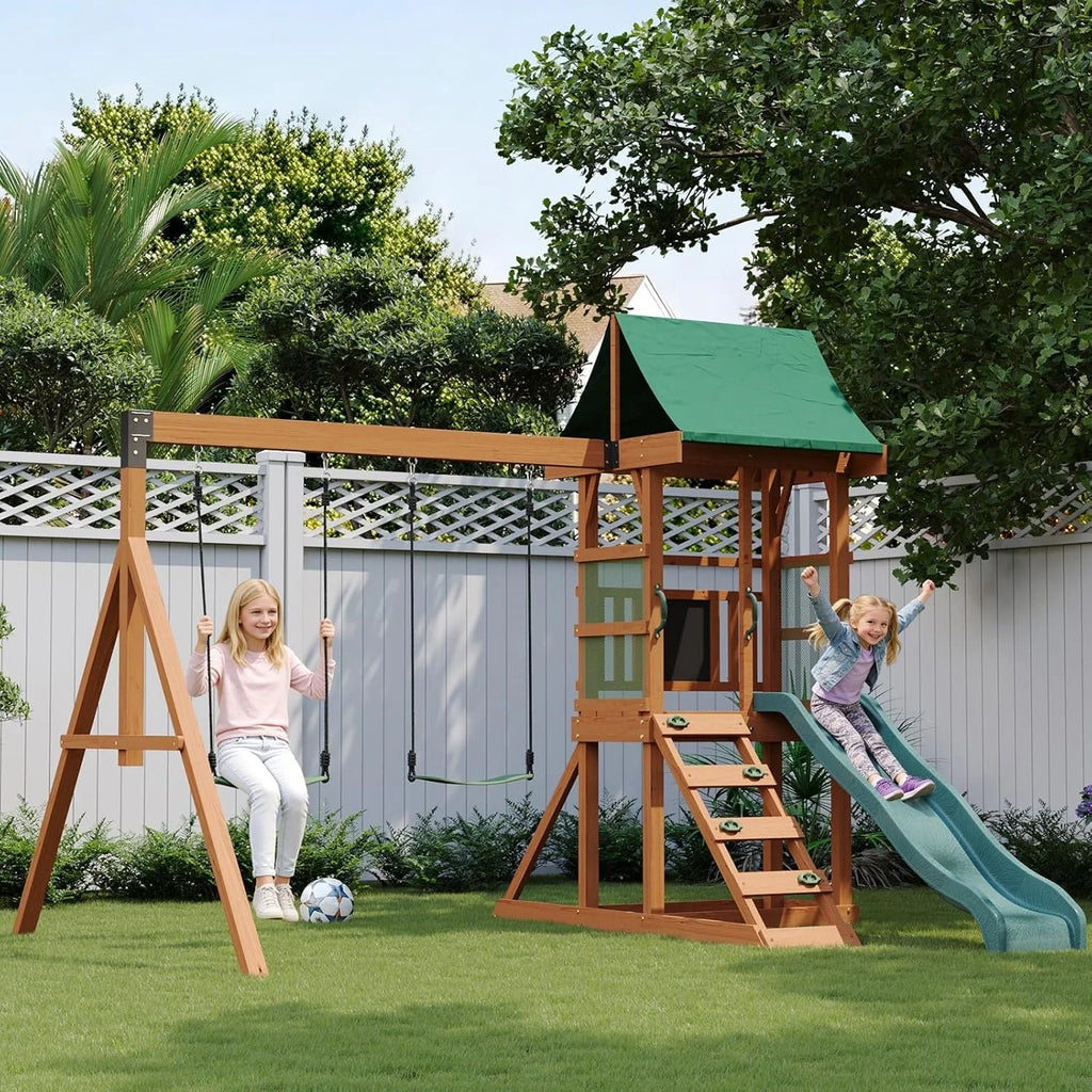Nordivale Wood Swing Set for Backyard Outdoor Playset with Wave Slide Rock Wall Ladder Belt Swings Chalkboard Canopy Roof Play Deck
