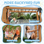 Wooden Backyard Swing Set with 6FT Wave Slide & Canopy Roof, Outdoor Playset with Rock Climbing Wall, 2 Belt Swings & Chalkboard