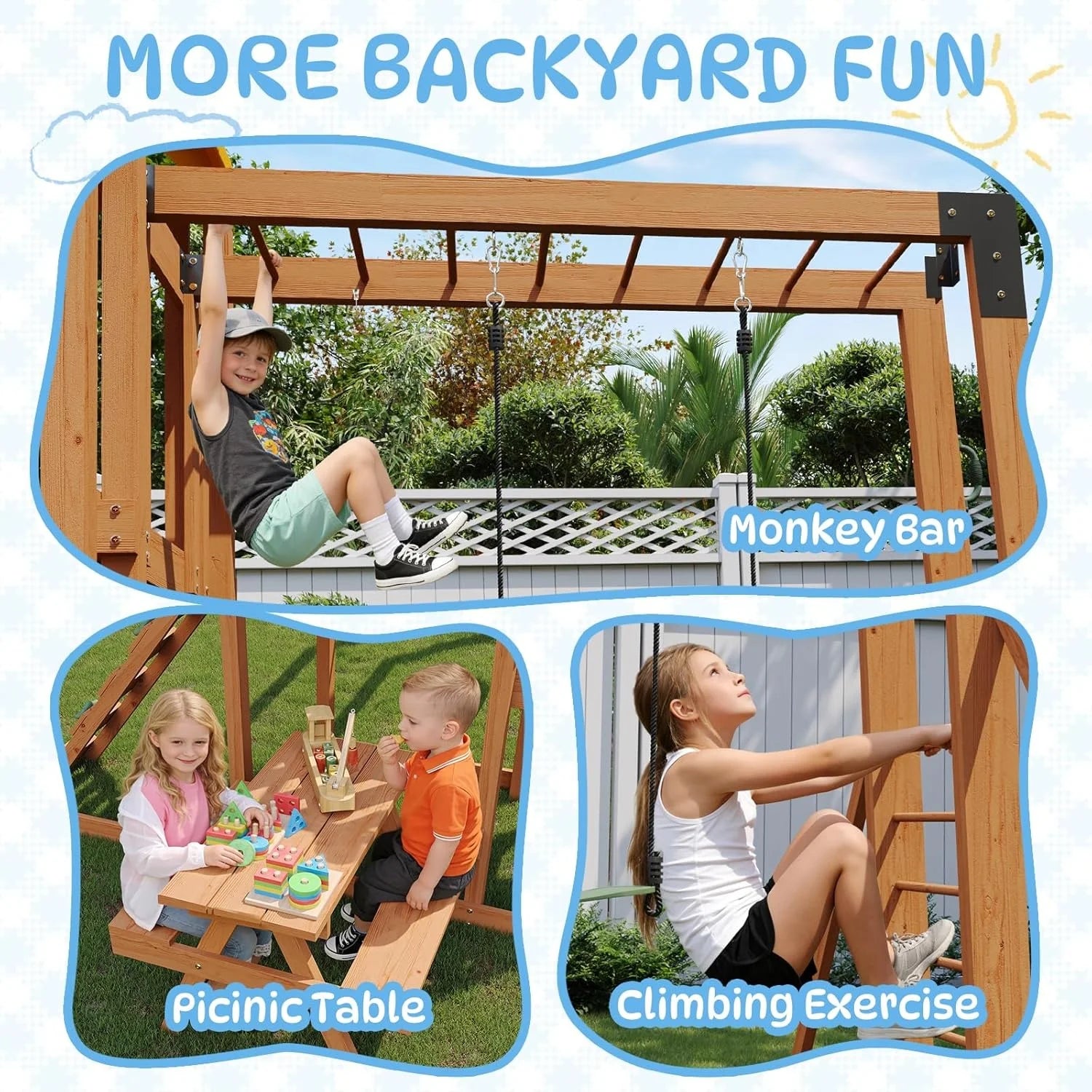 Wooden Backyard Swing Set with 6FT Wave Slide & Canopy Roof, Outdoor Playset with Rock Climbing Wall, 2 Belt Swings & Chalkboard
