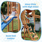 Wooden Backyard Swing Set with 6FT Wave Slide & Canopy Roof, Outdoor Playset with Rock Climbing Wall, 2 Belt Swings & Chalkboard