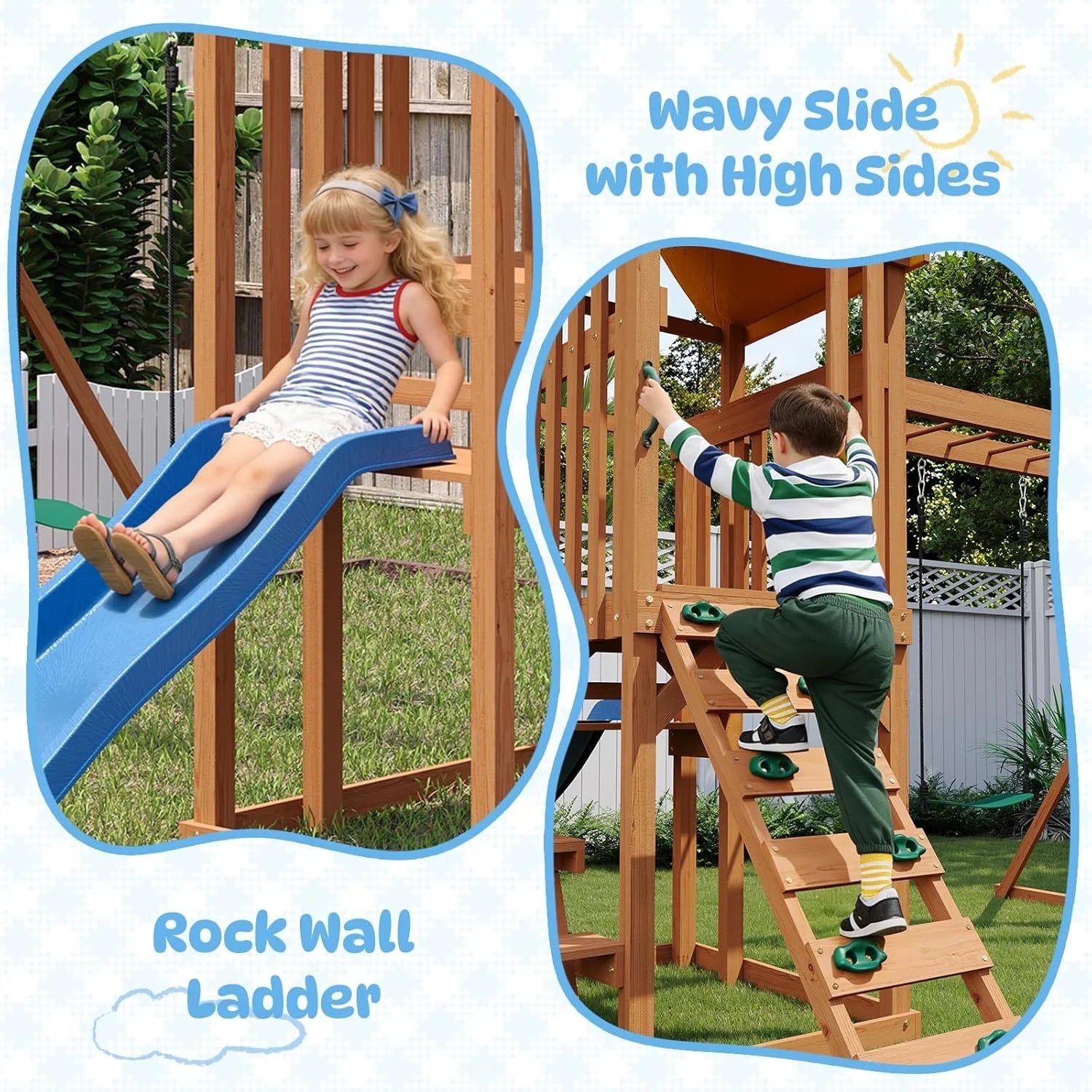 Wooden Backyard Swing Set with 6FT Wave Slide & Canopy Roof, Outdoor Playset with Rock Climbing Wall, 2 Belt Swings & Chalkboard