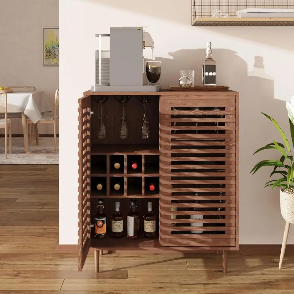 Walnut-Toned Bar Cabinet with Wine Racks for Dining and Living Spaces