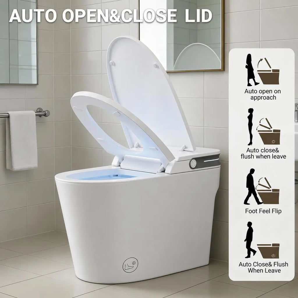 Smart Toilet With Built In Bidet One Piece Ceramic Bidet Toilet Auto Flush Auto Lid Foot Sensor Flush Instant Warm Water Sprayer Warm Air Dryer Ambient Night Light White
