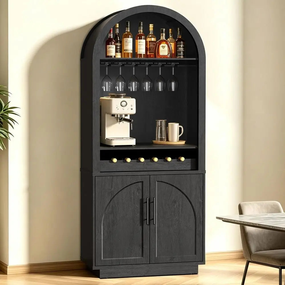 79 Tall Arched Pantry Cabinet with LED Light & Charging Station, Coffee Bar Liquor Cabinet with Wine Rack & Glass Holder, Kitche