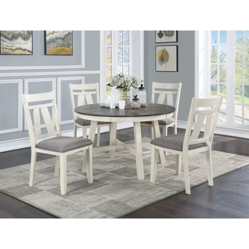 5pc Round Dining Set with Gray Fabric Cushion Chairs, White Wooden Table Top, Modern Minimalist Design