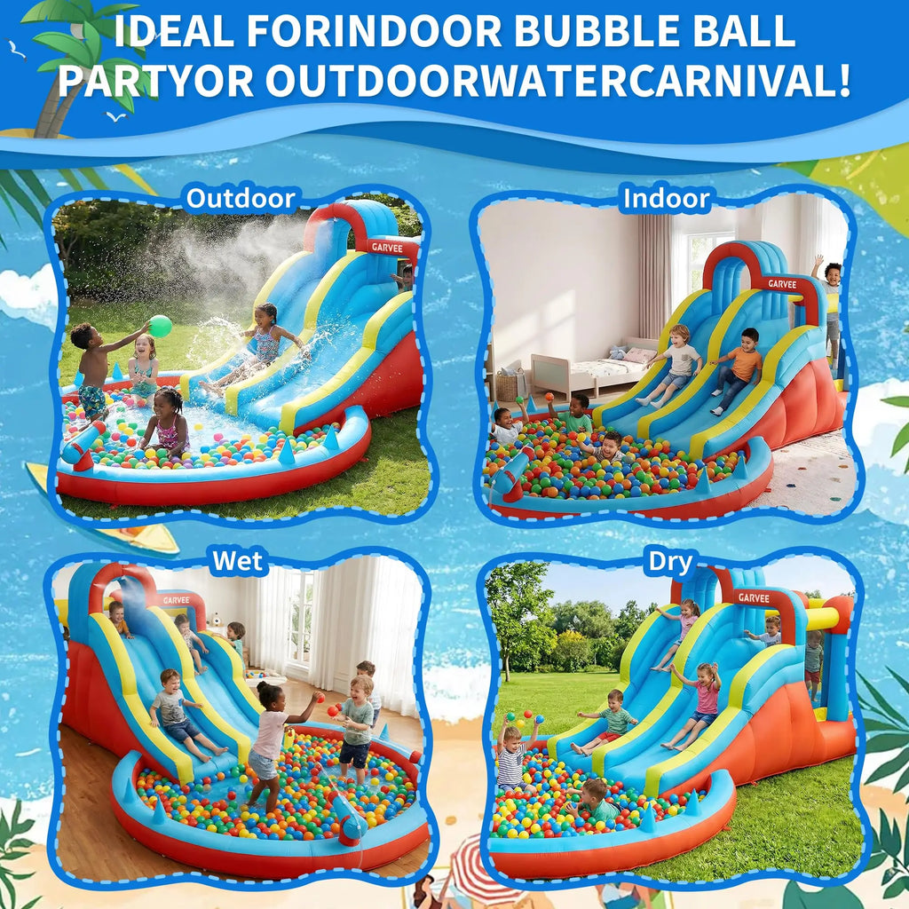 8-in-1 Inflatable Water Park Kids Bounce House With Double Slides & Pool, 550W Blower, Oxford, Indoor Outdoor Set