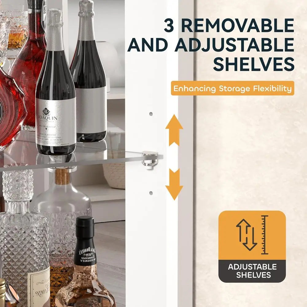 Illuminated Tall Wine Bar Cabinet with Mirror and Adjustable Shelves for Dining or Living Room