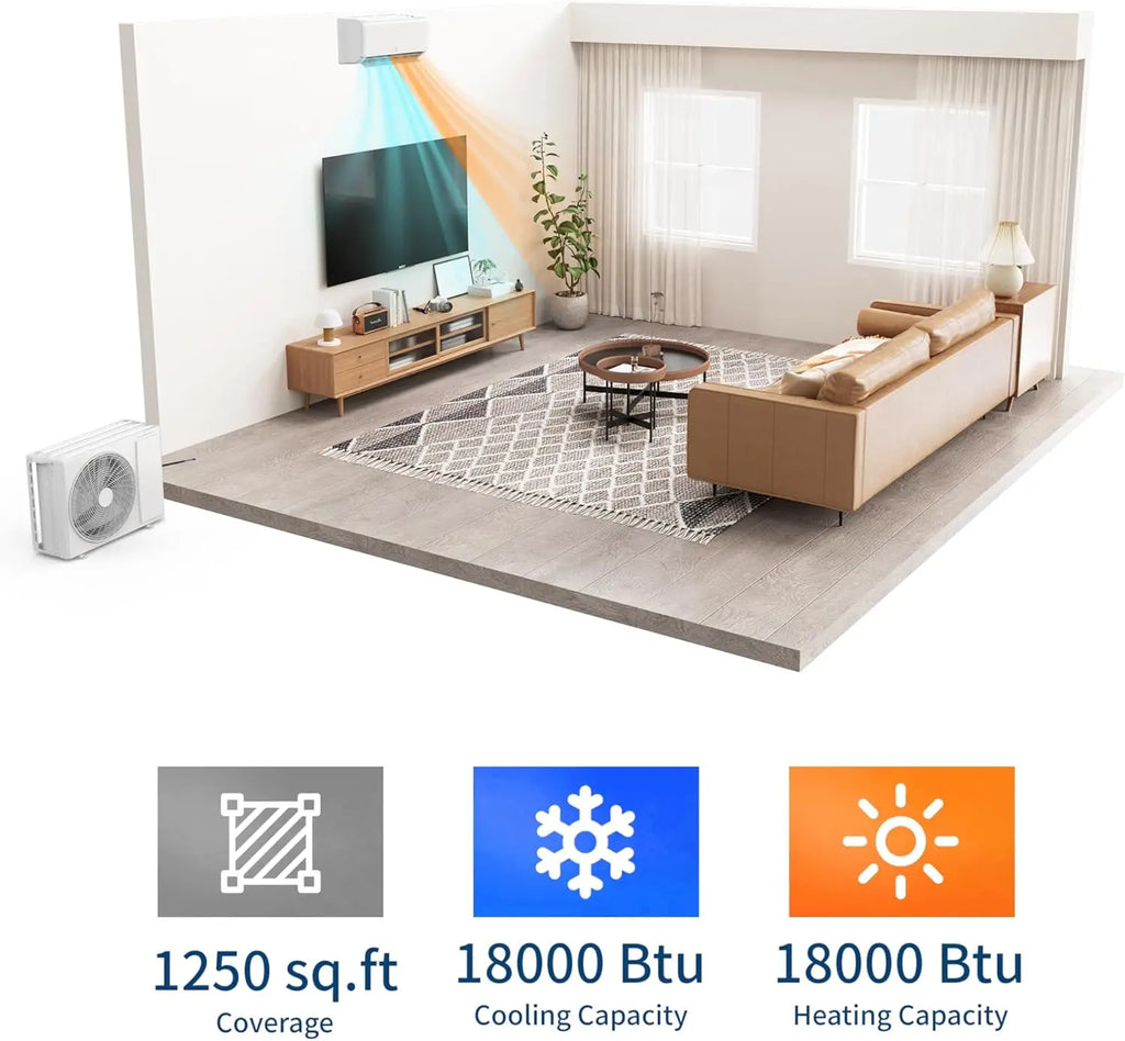 18000 BTU Mini Split Air Conditioner with Cooling / Heating 21 SEER2 230V Energy Ductless AC Unit Cools Rooms Up to 1250 Sq.Ft