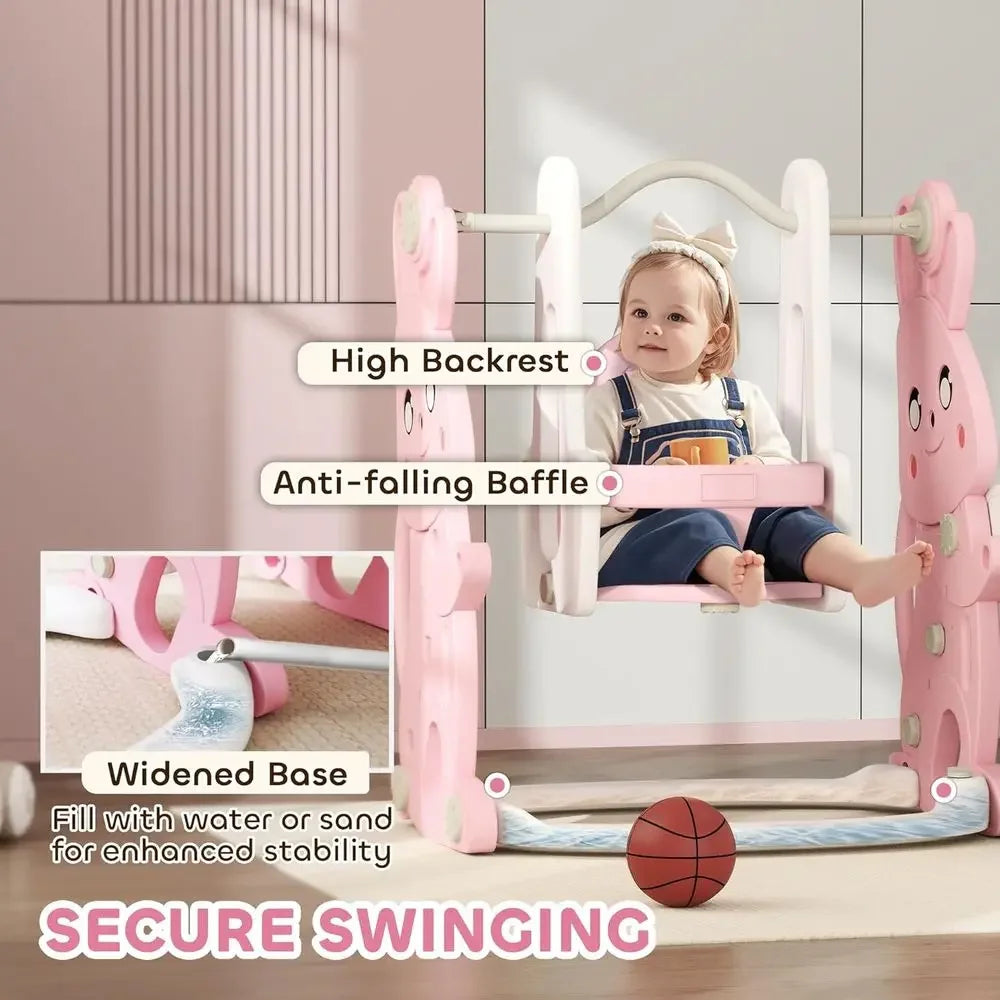 Toddler Slide and Swing Set for Ages 1.5-4, Rabbit-Themed Playset with Climber, Basket Hoop, Suitable for Indoor or Outdoor Use,