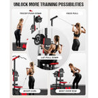 Home gym LAT pulldown machine, steel frame, black, 3-in-1 cable station with AB crunch and row attachments