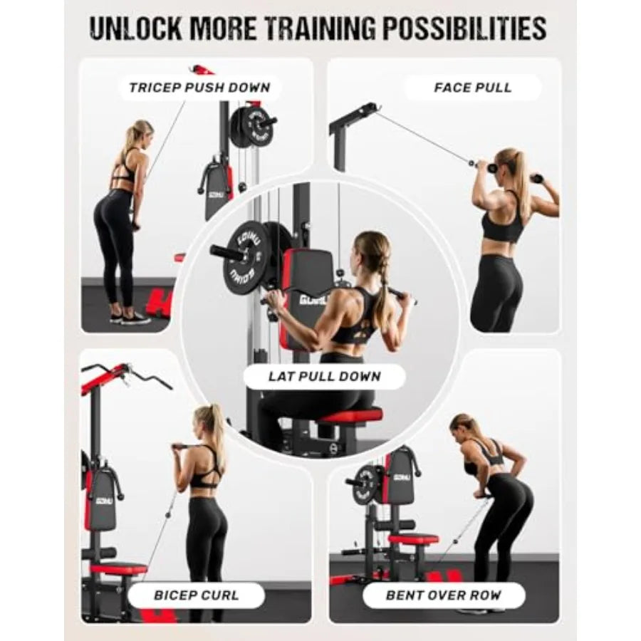 Home gym LAT pulldown machine, steel frame, black, 3-in-1 cable station with AB crunch and row attachments