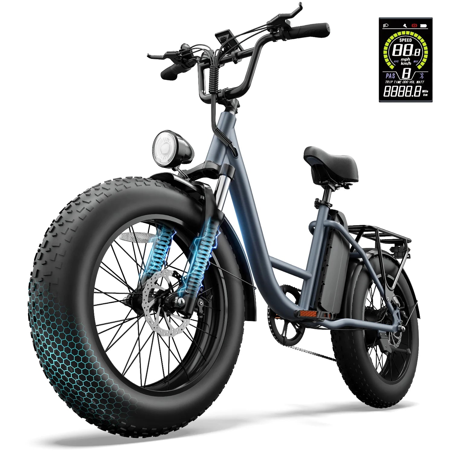 20" Fat Tire Step-Thru Electric Bike, 48V 500W Peak Motor Removable 13Ah Battery E-Bike, Max 45km/h, Shimano 7-Speed, Dual Disc Brake Front Suspension City Commuter Ebike, LCD Color Display, 60km Pure Electric Range, 100km Pe