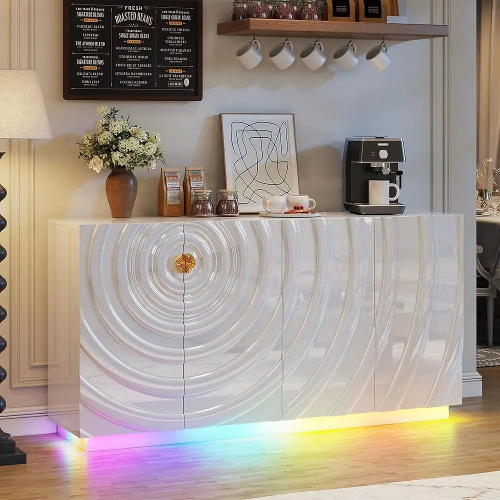 63 High-Gloss Sideboard Buffet Cabinet with Storage, Coffee Bar, RGB Lights, Power Outlet, White
