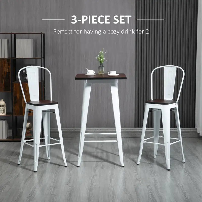 3 Piece Industrial Dining Table Set, Bar Height Bar Table and Chairs Set with Footrests for Bistro, Pub, White and Brown