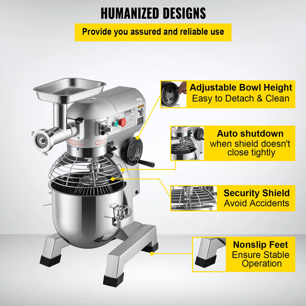 20QT Stainless Steel Stand Mixer with Meat Grinder Attachment – 1100W Dual-Function Kitchen Appliance, Includes Dough Hook, Whisk & Beater, 3 Adjustable Speeds for Baking, Mixing & Grinding