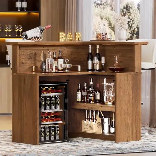 Wooden L-Shape Corner Bar Cabinet With 4-Tier Storage For Liquor And Wine, Home Pub Beverage Station