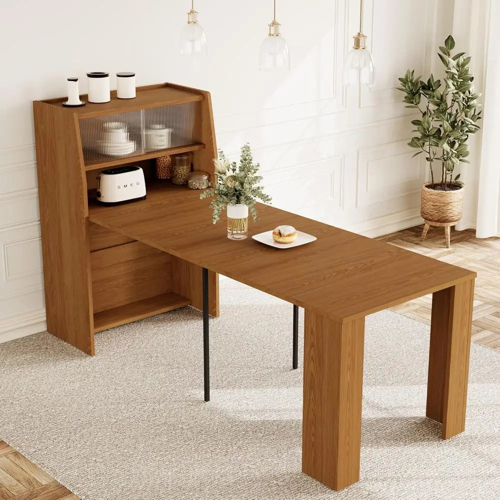 Expandable Dining Table Set for 4-6, Kitchen Table with Storage, Space-Saving Design, Brown Dining Table
