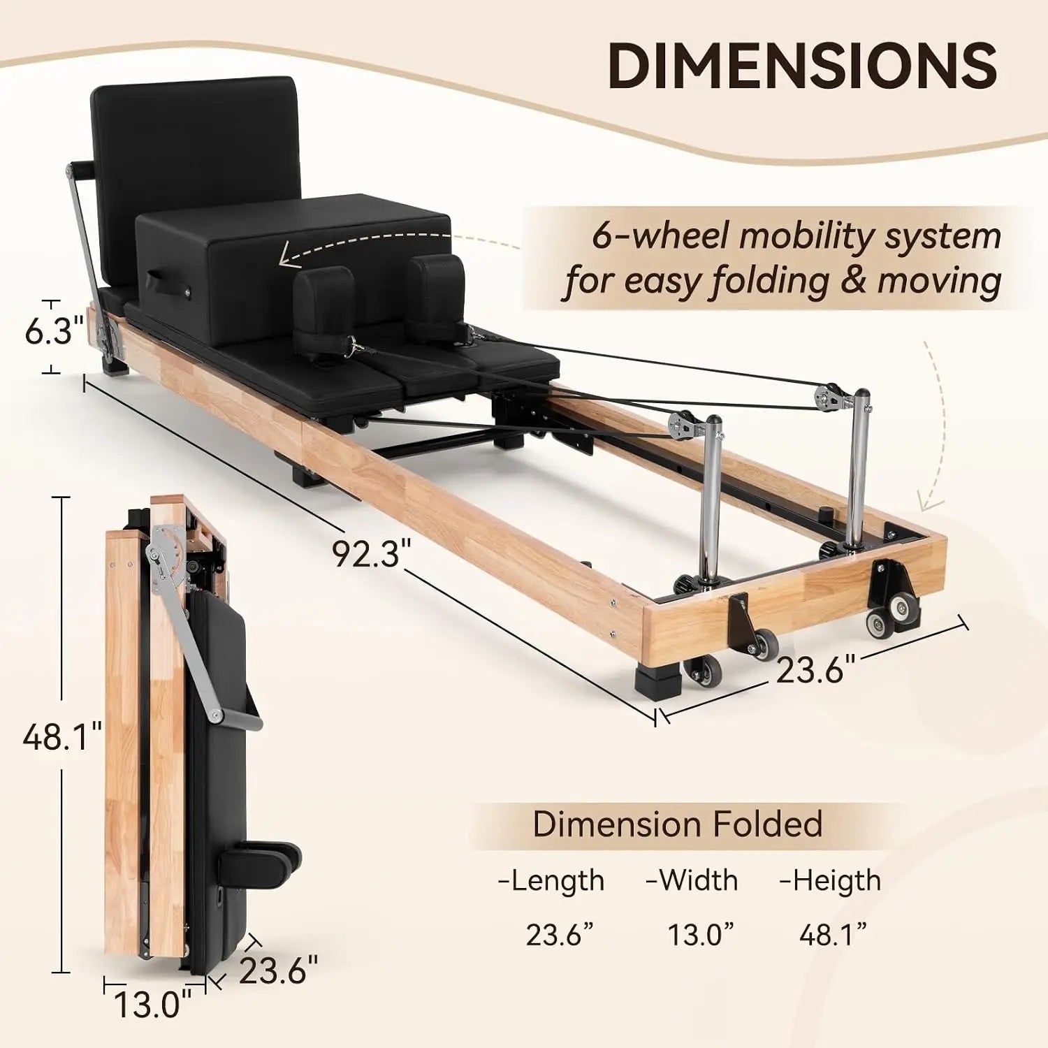 Foldable Pilates Reformer Machine, Oak Wood Studio Grade Home Gym Equipment With Sitting Box And Jump Board, Ergonomic Strength Training Core Workout Fitness Station, Natural Wood