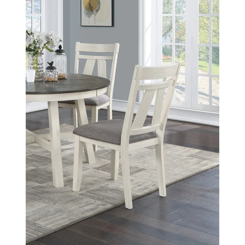 5pc Round Dining Set with Gray Fabric Cushion Chairs, White Wooden Table Top, Modern Minimalist Design