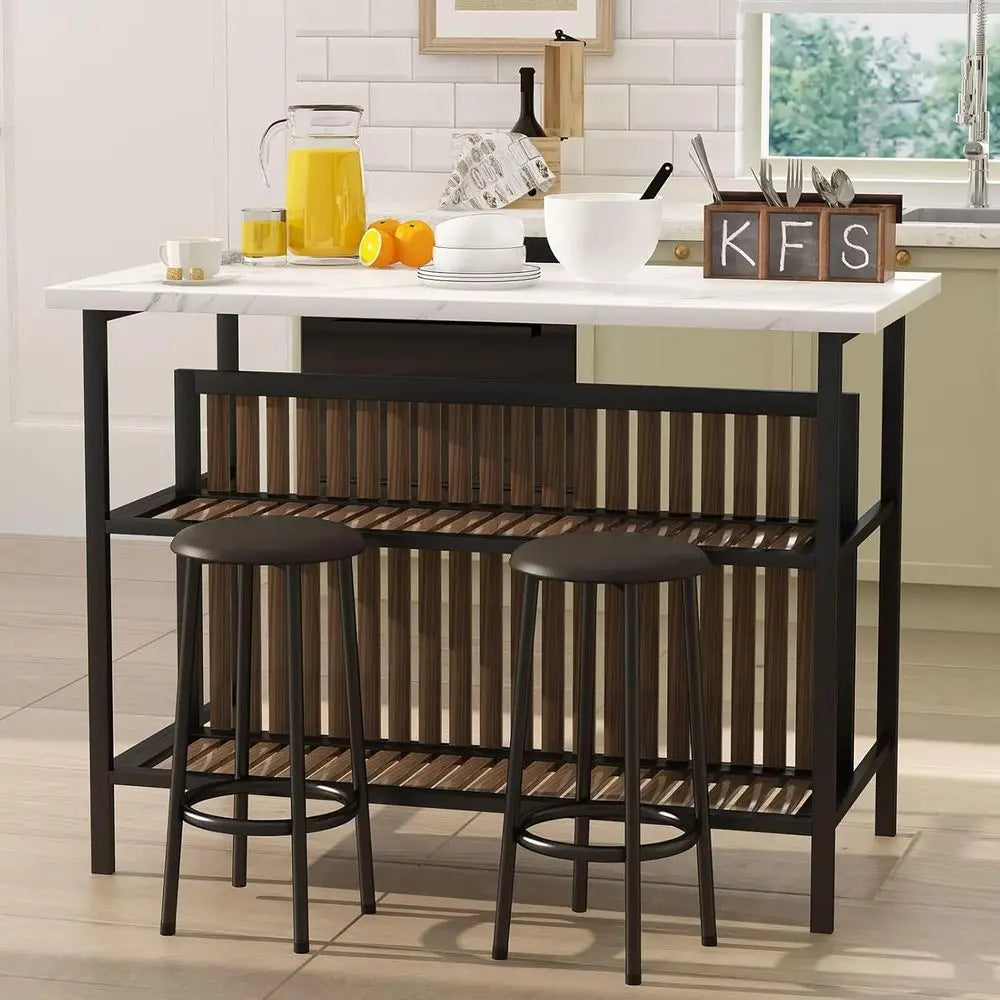 3-Piece Pub Furniture Set, 2 Bar Stools, Marble Dining Set for 2, Counter Height Table with Storage, White Kitchen Island with S