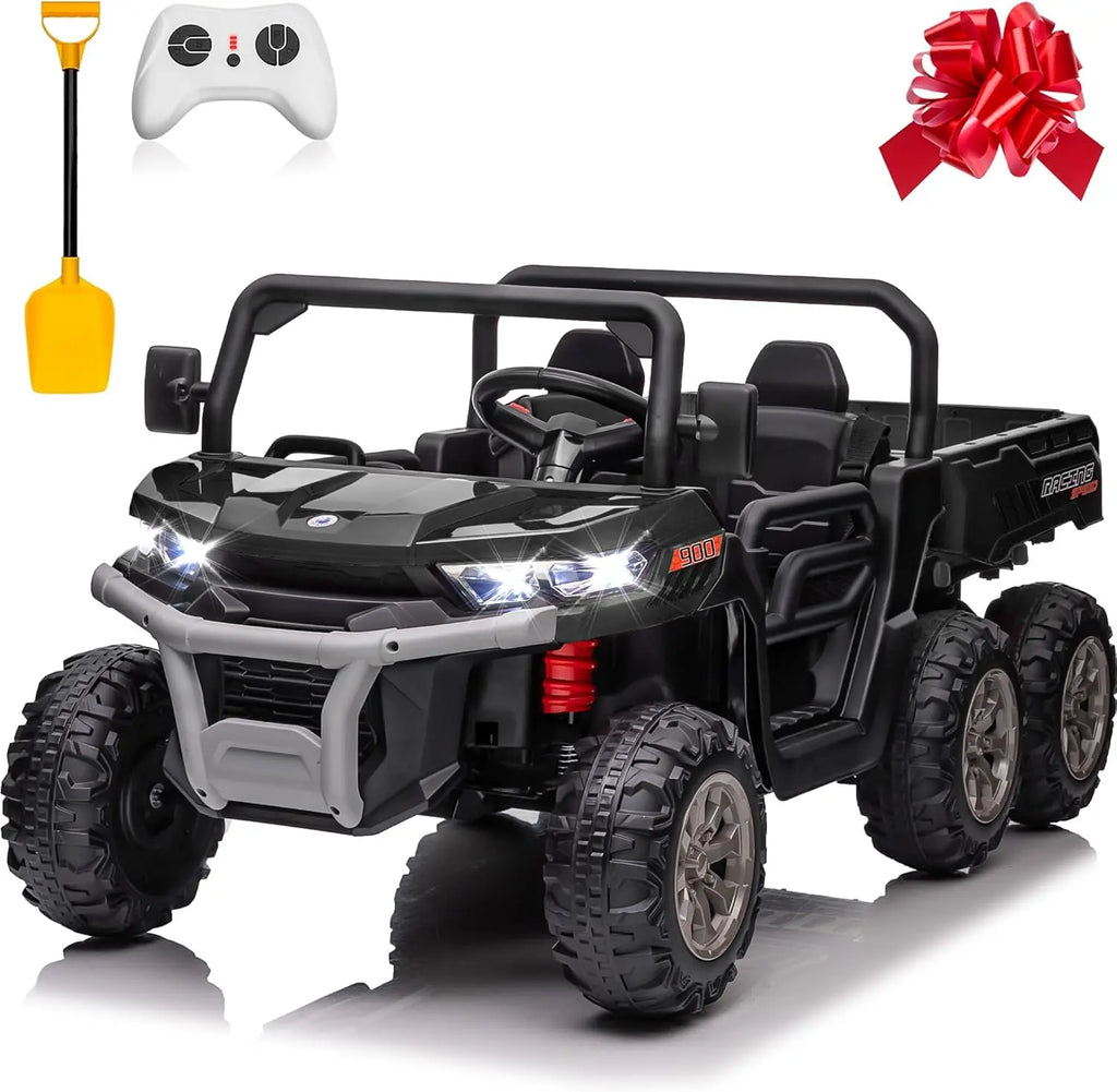 4x4 24V Ride on Dump Truck with Remote Control, 2 Seater Electric Powered Ride on Toys, 6-Wheel UTV Car w/ Tipping Bucket Trailer, Shovel, Suspension, Bluetooth Music,