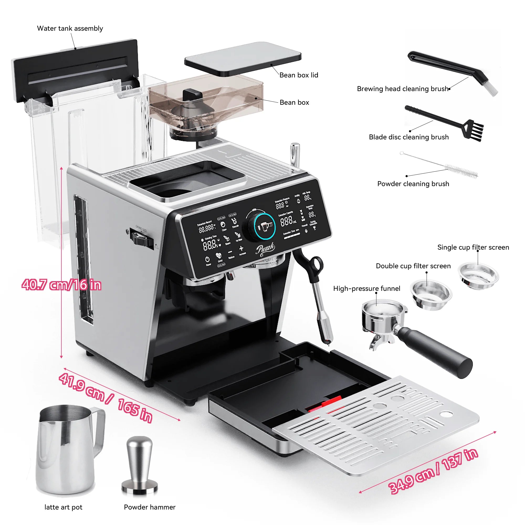 1pcs Semi-Automatic Espresso Coffee Machine With Built-In Burr Grinder & Milk Frother, Dual Boiler System, TFT Display, 20-Bar Pump Pressure, Professional Cappuccino & Latte Maker For Home Barista