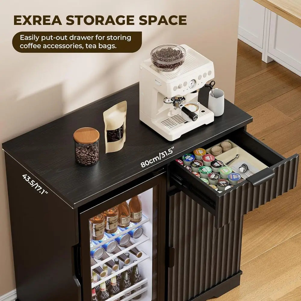Ridge-Style Liquor and Wine Bar Cabinet with Refrigerator, Pull-Out Drawer & Storage, 31.5 for Home, Kitchen, Dining Room in Bla