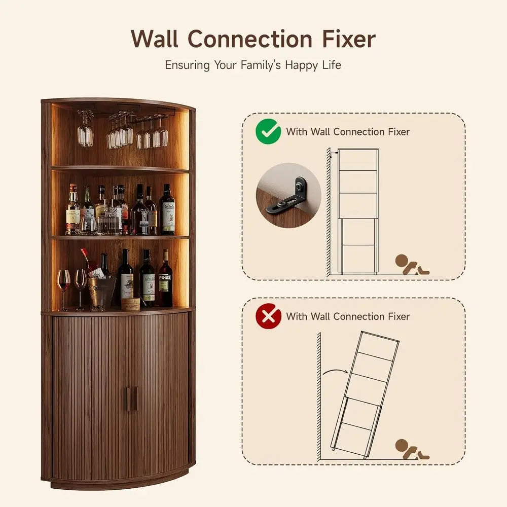 72 Inch Tall LED-lit Bar Cabinet with Sliding Door, Wine Storage and Glass Holder for Dining or Living Room in Walnut Finish