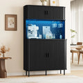71-Inch Modern Fluted Bar Cabinet With Blue LED Backlight, 4 Integrated Wine Glass Holders, Storage Compartments And Coffee Area