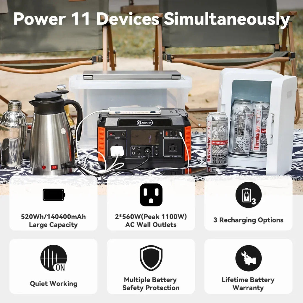 140A Portable Power Station 520WH Emergency Solar Generator Battery Pack Power Bank Outdoor for Camping Laptop Supply RV