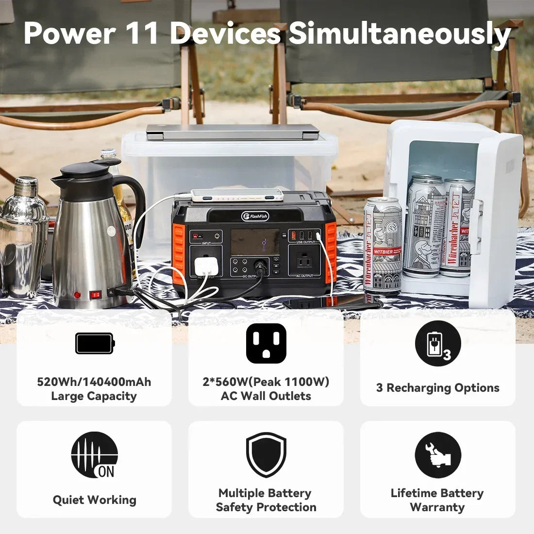 140A Portable Power Station 520WH Emergency Solar Generator Battery Pack Power Bank Outdoor for Camping Laptop Supply RV