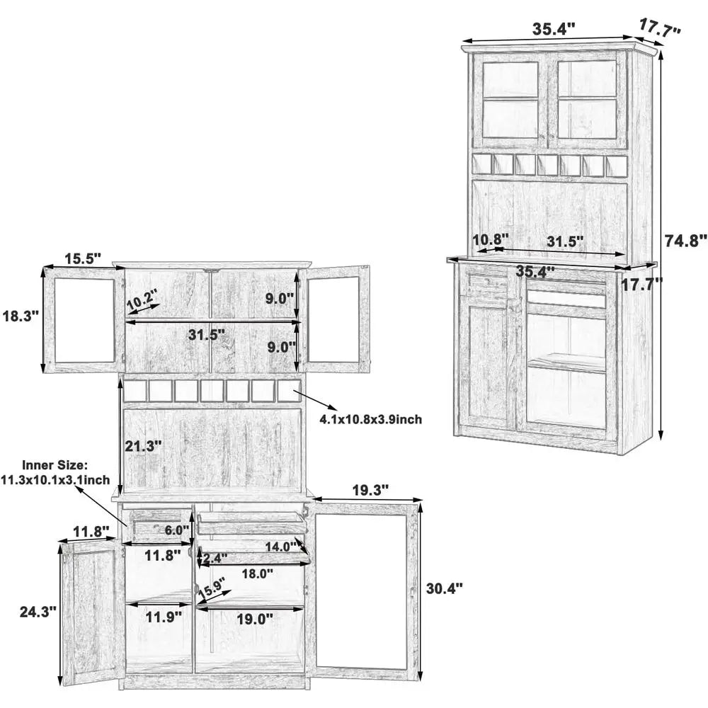 75 Tall Kitchen Pantry Cabinet with Hutch, Coffee Bar, Freestanding Buffet with Wine Rack & Adjustable Shelves (Blue + MDF + Tra