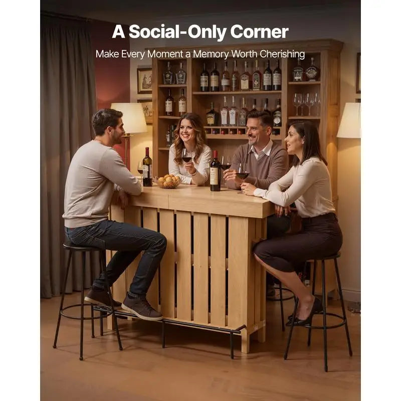 Home Bar Unit, Wine Bar Cabinet Table 3-Tier with Storage Shelves, Opener Storage Box & Adjustable Foot Pads, Black Footrest, Wood & Metal Liquor Cabinet for Home, Basement, Kitchen, Living Room
