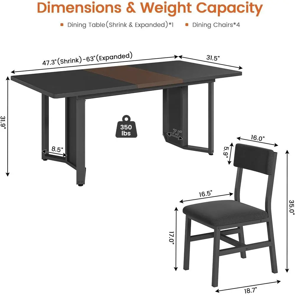 Black 63 Extendable Dining Table Set for 4-6 with Cushioned Chairs, Suitable for Small Spaces