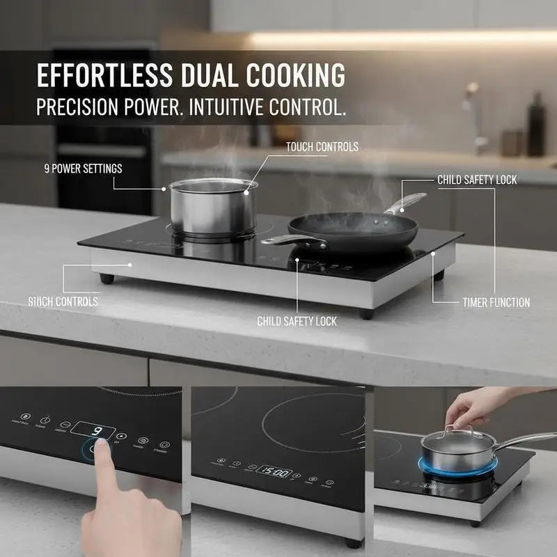 Double Induction Hob 24 Inch For Kitchen Countertop Apartment RV 1800W Dual Burner Touch Control Stove Built-in Cooktop 9 Power Levels Child Lock Timer Glass Surface