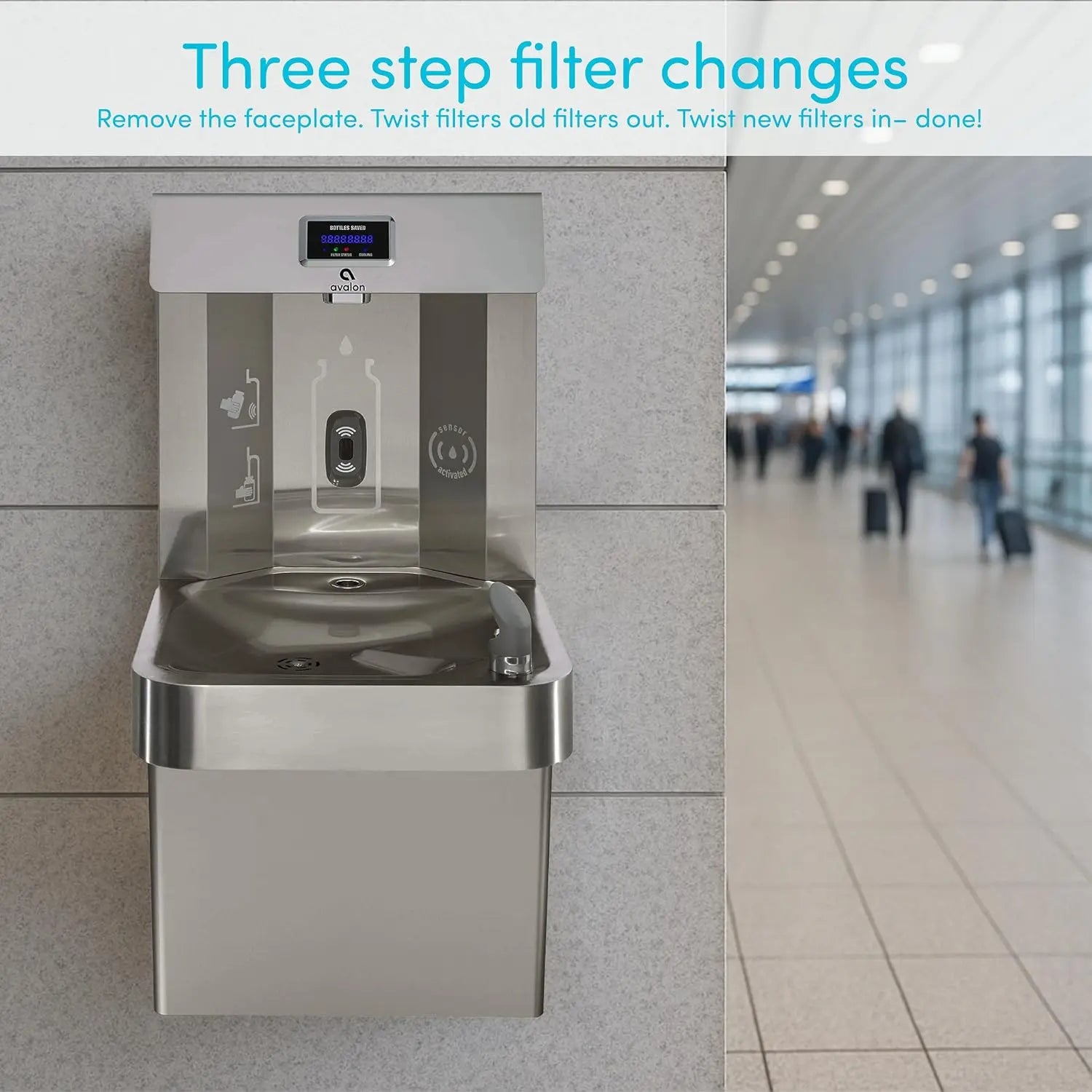 Avalon Wall Mounted Water Fountain with Bottle Filling Station, High Capacity Cooling, Sensor Dispensing, Self Cleaning, Digital Bottle Counter Display, Dual Filtration, ADA Compliant